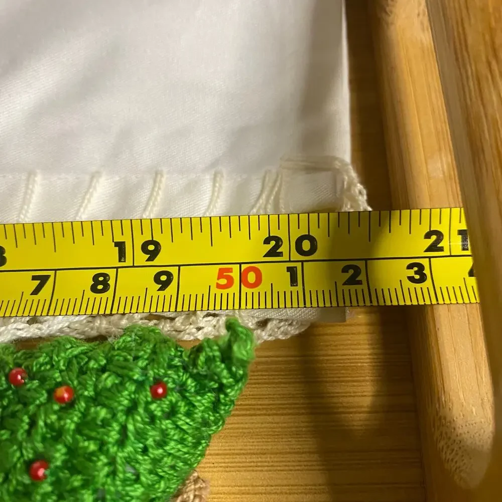Handmade Cotton Kitchen Towel w/ Embroidered Christmas Trees & Crocheted Fringe